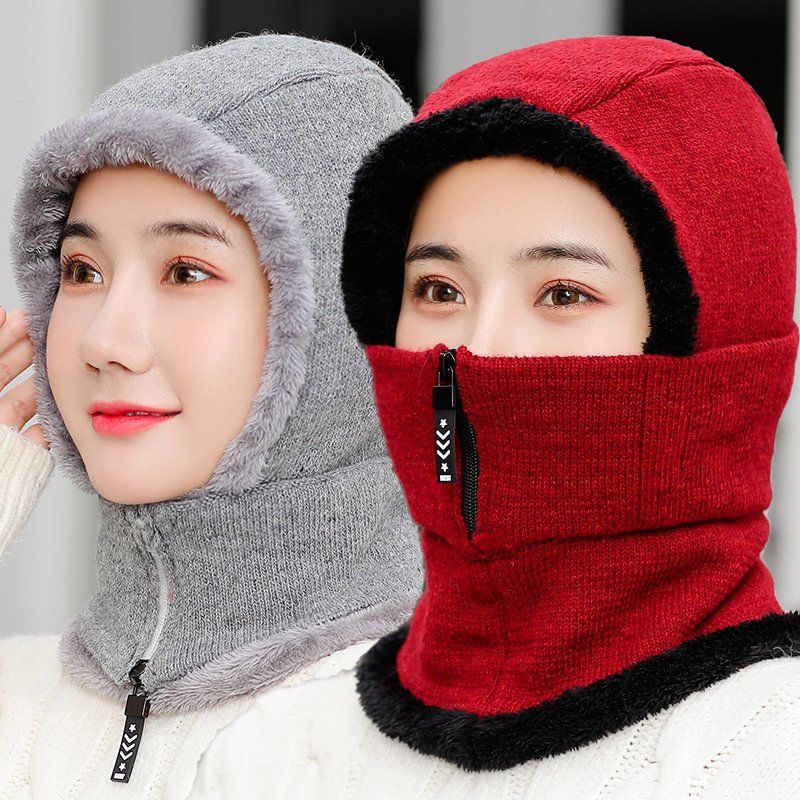 1pcs Frauen-Winter-Strickmütze neu hinzufügen Pelz gefüttert warme Wintermützen für Frauen mit Reißverschluss halten Gesicht und Ohrwärmer Balaclava Cap