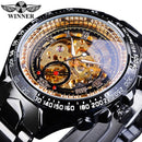 Forsining Waterproof Golden Black Skeleton Clock Two Button Decoration Mechanical Wrist Watches for Men Black Genuine Leather