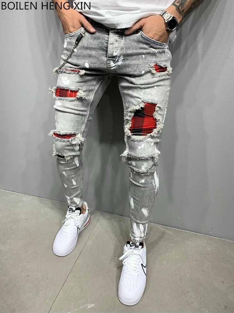 2022 New Men&#39;s Slim-Fit Ripped Jeans Men&#39;s Painted Jeans Patch Beggar Pants Jumbo Men&#39;s Hip Hop Pants Size S-4XL