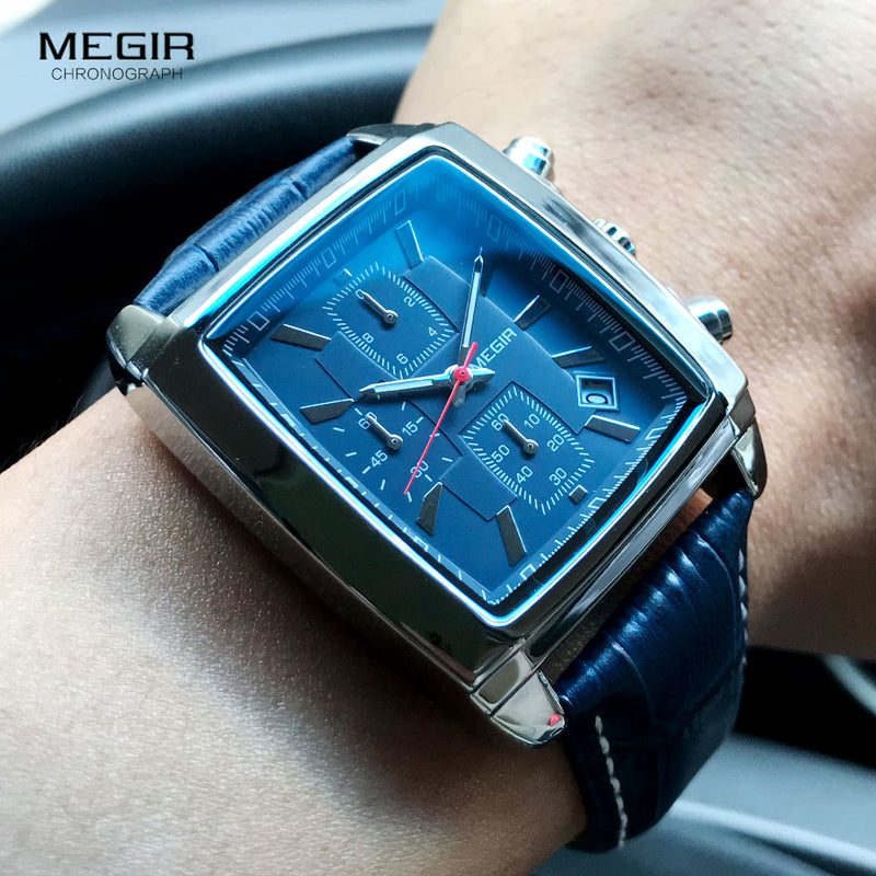 Megir Rechteck-Vorwahlknopf-Leder-Bügel-Uhr für Mann-beiläufigen blauen Chronographenquarzuhren Mann-Armbanduhr montre reloj Uhren