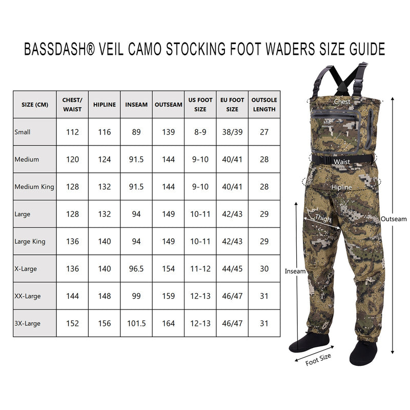 Bassdash Veil Camo Chest Stocking Foot and Boot Foot Fishing Hunting Waders for Men Breathable and Ultra Lightweight in 13 Sizes