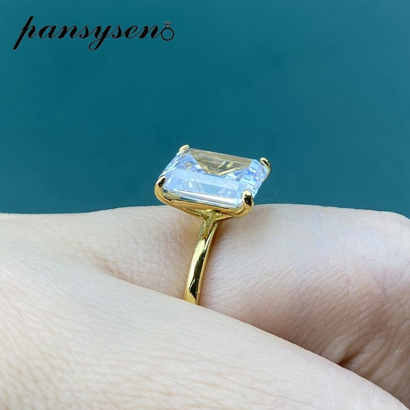 PANSYSEN White/Yellow/Rose Gold Color Luxury 8x10MM Emerald Cut AAA Zircon Rings for Women 100% 925 Sterling Silver Fine Jewelry