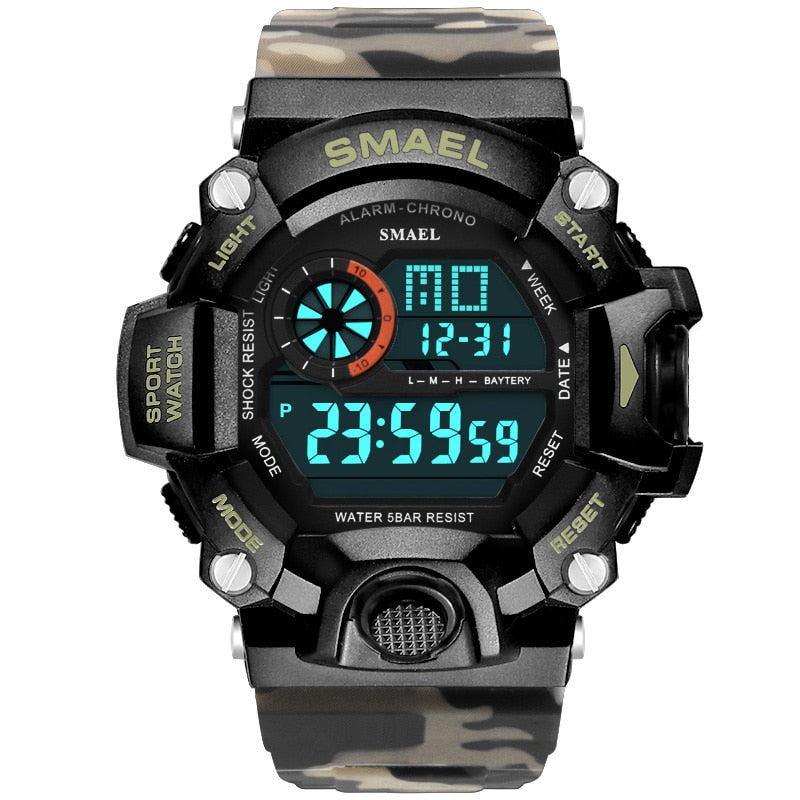 Reloj para hombre 50m resistente al agua SMAEL reloj de lujo para hombre relojes luminosos LED reloj de camuflaje banda 1385C relojes de pulsera digitales militares