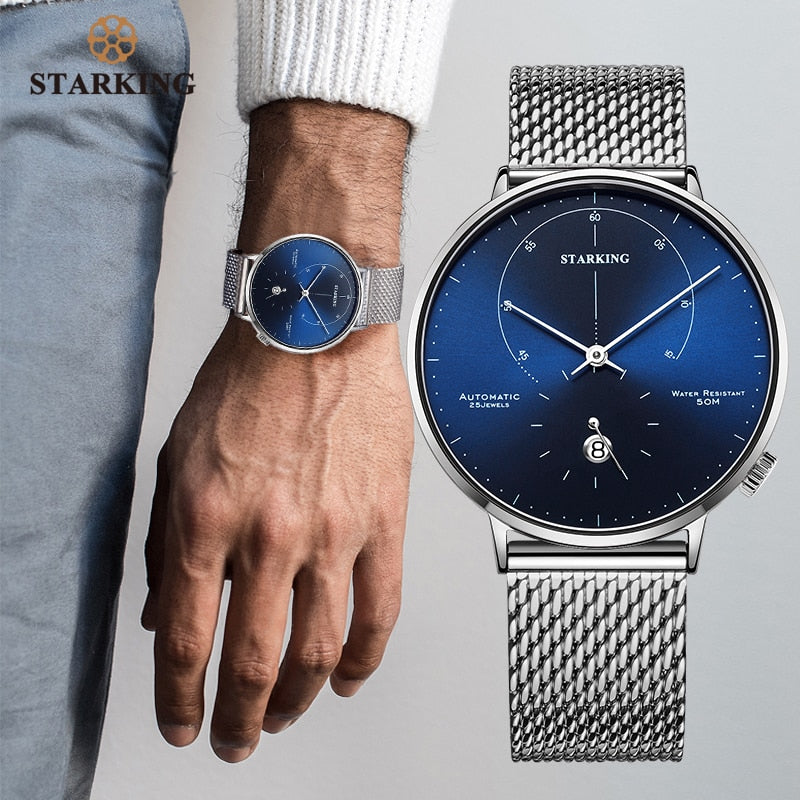 STARKING Automatic Watch Relogio Masculino Self-wind 28800 Beats Mechanical Movement Wristwatch Men Steel Male Clock 5ATM AM0269