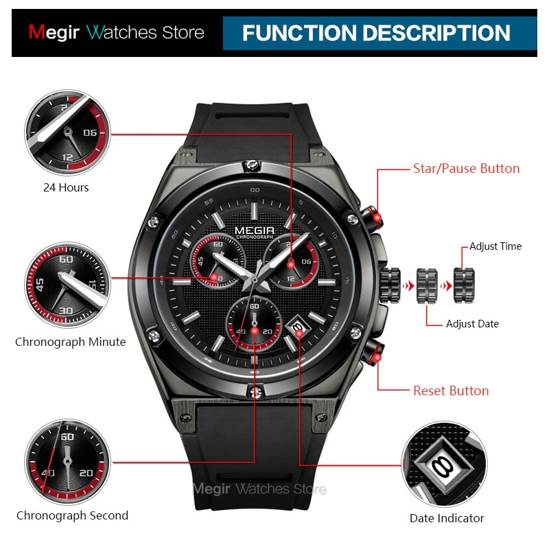 Megir Men Black Silicone Sports Quartz Wrist Watches Luminous Relojios Relojes Waterproof Chronograph Clock Montres Q2073G-BK-1