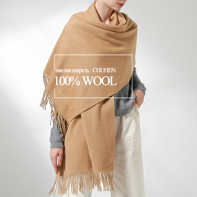 100% Real Wool Scarf Women Warm Shawls and Wraps for Ladies Stole Femme Solid Warps Winter Cashmere Wool Scarves Luxury Pashmina