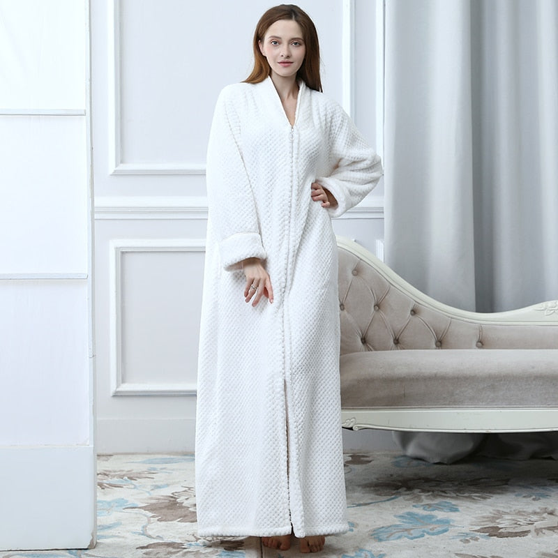 Women Winter Plus Size Long Warm Flannel Hooded Bathrobe 40-110KG Zipper Bath Robe Pregnant Night Dressing Gown Men Sleepwear