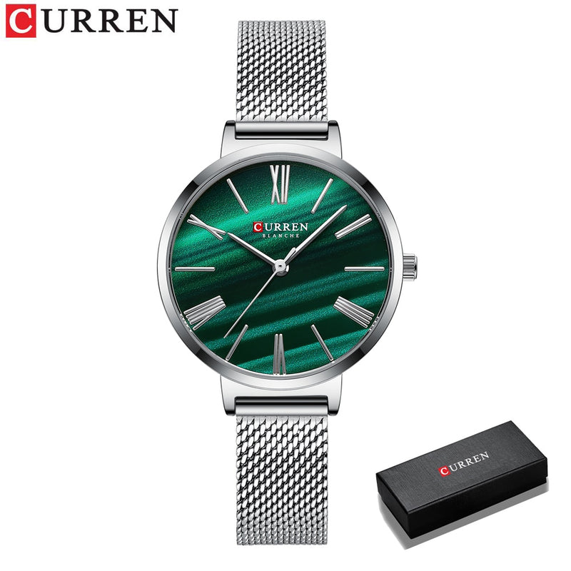 Relojes de lujo de moda CURREN para mujer, reloj de pulsera de cuarzo verde malaquita con reloj de cuero para mujer