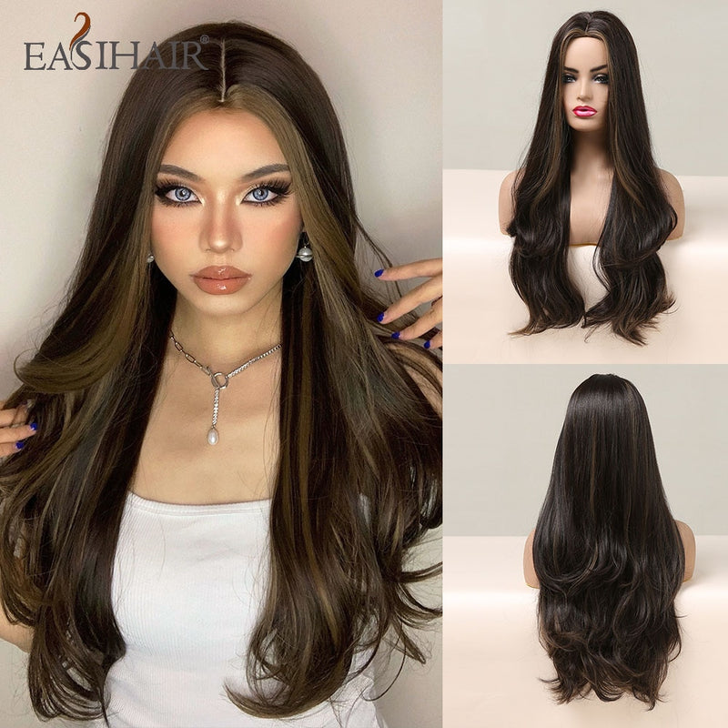 EASIHAIR Long Body Wave Light Brown Wigs with Blonde Highlights Middle Part Cosplay Heat Resistant Synthetic Hair Wigs for Women