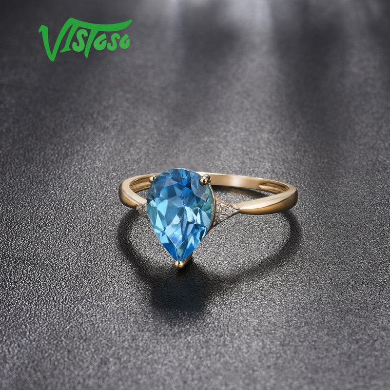 Anillo de oro amarillo VISTOSO Pure14K 585 para mujer, diamante brillante, topacio azul límpido, aniversario, joyería fina clásica