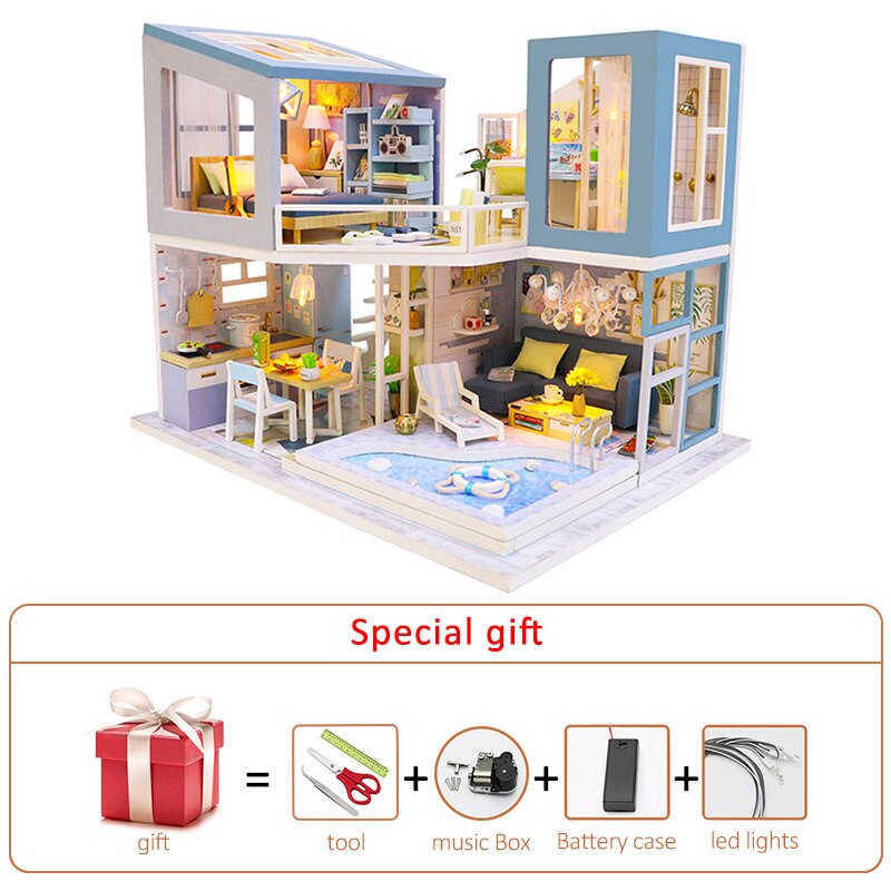 Diy Miniatur Dollhouse Kit Big Houses Sea Villa Wooden Doll House With Furniture Roombox Assemble Toys Kids Birthday Gifts Casa