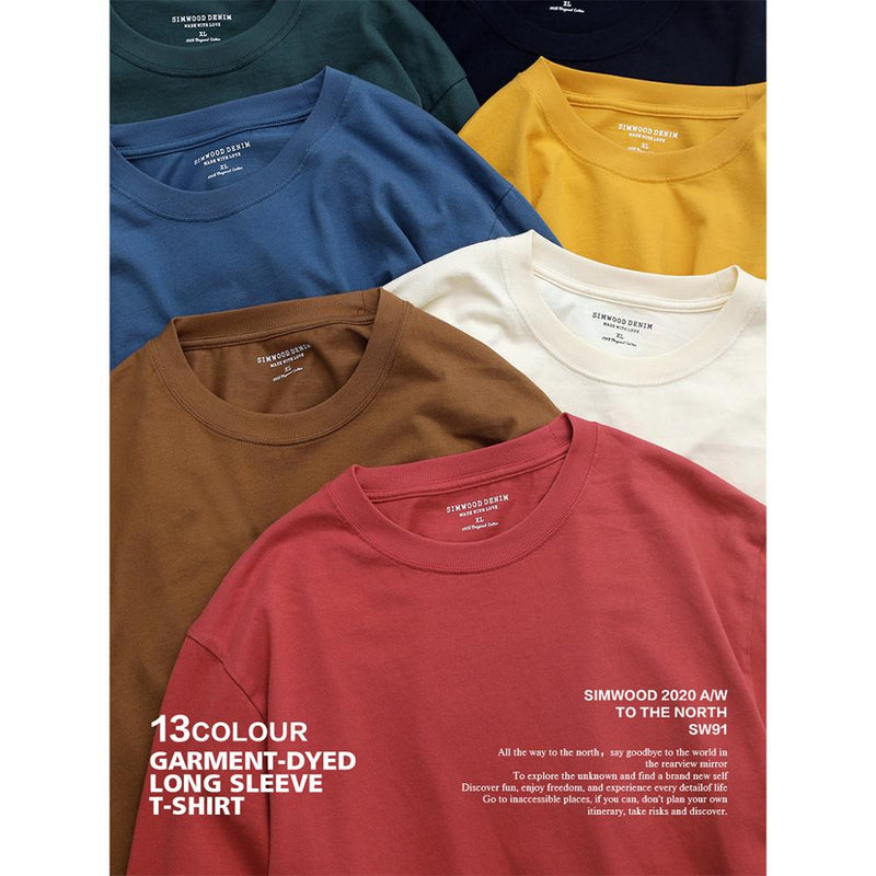 SIMWOOD 2022 primavera nueva camiseta de manga larga para hombre Color sólido 100% algodón cuello redondo Tops de talla grande camiseta de alta calidad SJ120967