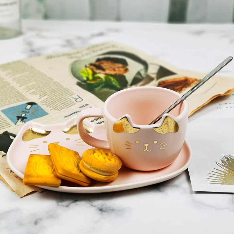 Juegos de tazas de café de cerámica con diseño de gato de dibujos animados, taza de té, plato de postre, conjunto creativo de taza de café y platillo, cuchara para regalar