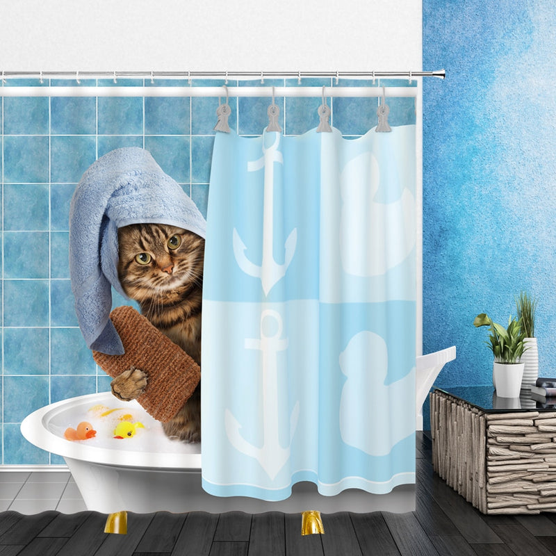 Funny Animal Shower Curtains Decoration Cute Pet Cat Home Bathroom Decor Polyester Bath Cloth Hanging Curtain Set With Hooks