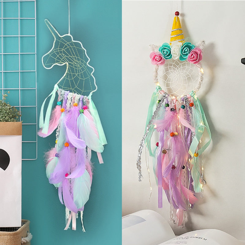 Traumfänger Kinder Einhorn Traumfänger Feder Wanddekoration für Mädchen Schlafzimmer Blume Wandbehang Dekoration Blume