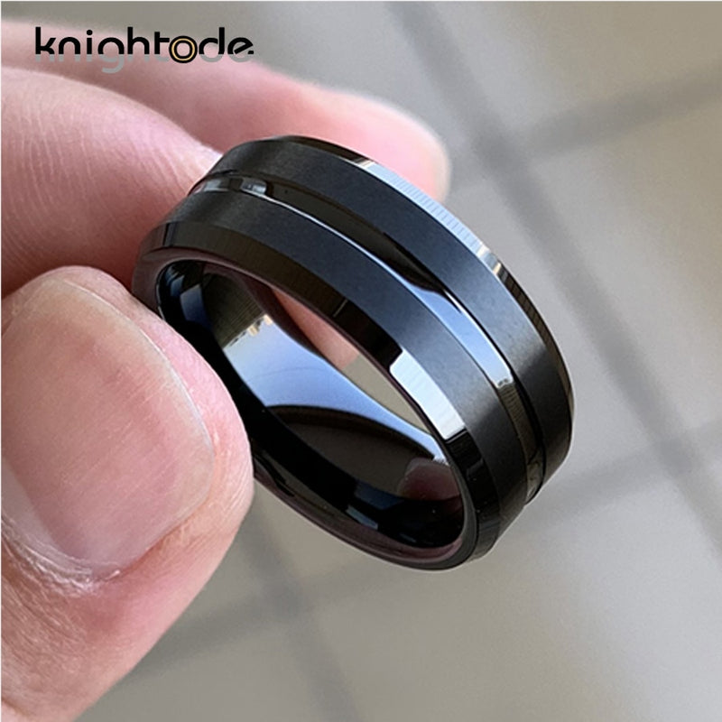 Anillos de carburo de tungsteno negro de 8mm/6mm para fiesta de moda, banda de boda para hombres y mujeres, bordes biselados centrales acanalados, ajuste cómodo mate