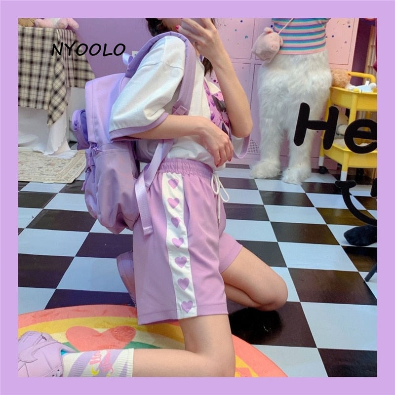 NYOOLO Harajuku style Love heart print patchwork high waist shorts women 2020 summer elastic waist Drawstring sweet girls shorts