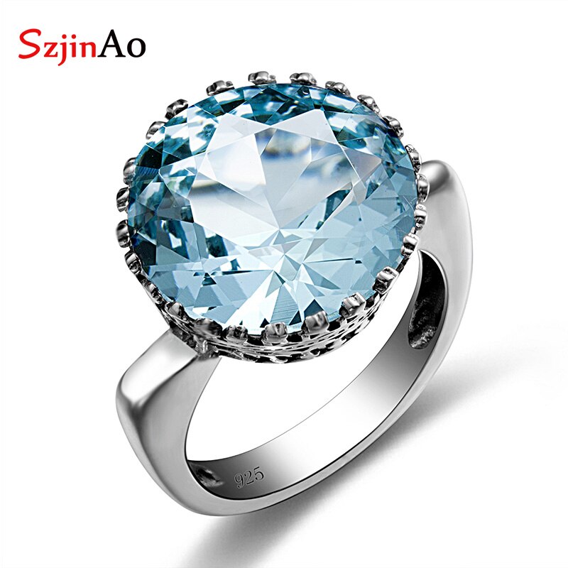 Szjinao Vintage 100% Plata de Ley 925 15ct anillo de aguamarina creado redondo para mujer joyería fina hecha a mano de marca famosa 2021