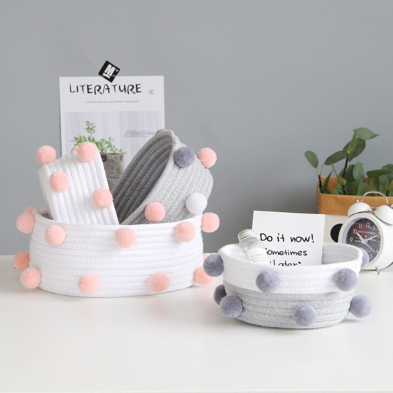 INS Pompom Cotton Rope Storage Baskets Handmade Woven Dirty Clothes Laundry Basket Kids Toys Desktop Sundries Organizer Hamper