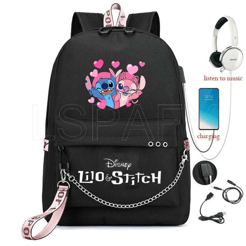 Disney Kawaii Stitch Bag Zipper USB Charging Mochila Capacity Backpack Women Kpop School Bags for Teenage Girls Students