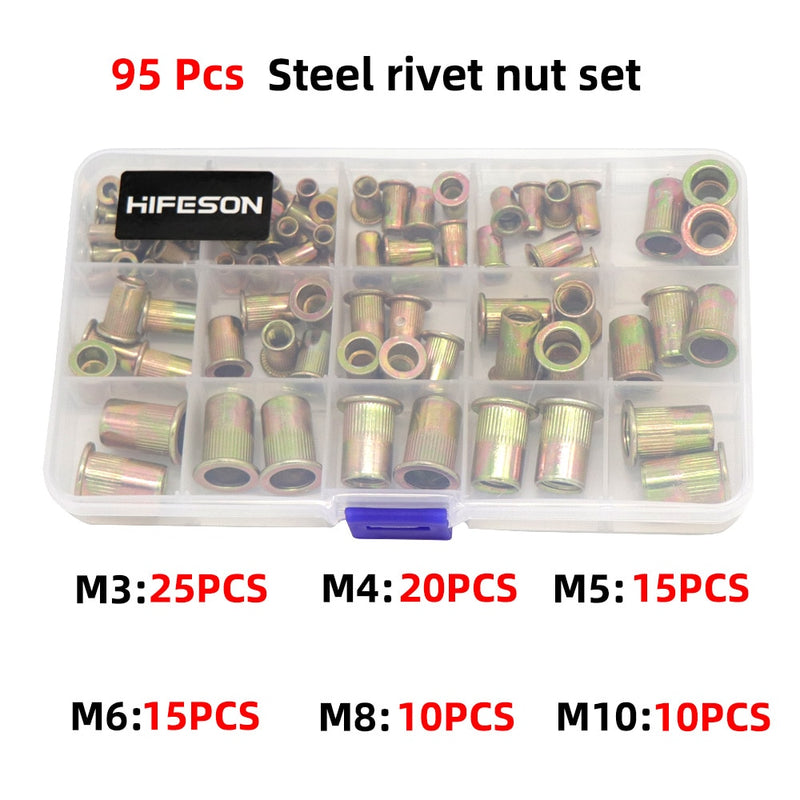 95Pcs and 300Pcs  Steel Rivet Nut Rivnut Insert Nutsert KIT M3 M4 M5 M6 M8 M10 for Rivet Nut Gun Riveting Riveter Tool