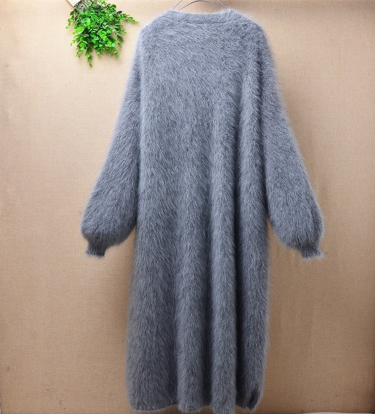 Elegante casual invierno largo suelto marrón espesar visón Cachemira mangas largas linterna angora piel de conejo cárdigan suéter abrigo abrigo