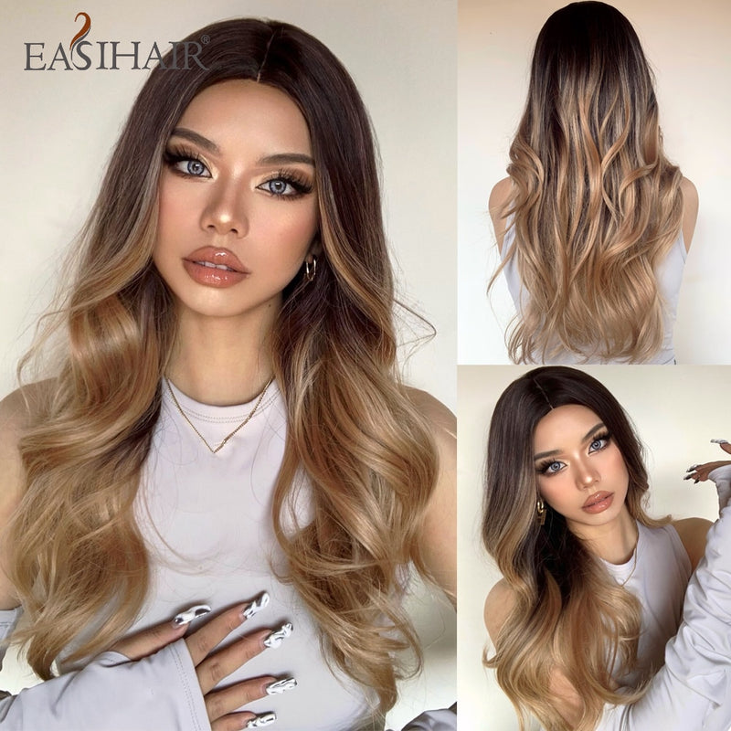 EASIHAIR Long Wavy Brown Synthetic Wigs With Blonde Highlights Cosplay Natural Hair Wigs High Temperature Fiber For Black Women