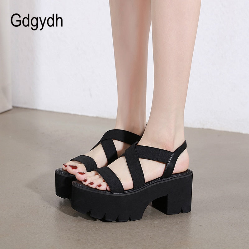 Gdgydh 2022 Summer Women Gladiator Sandals Thick Platform High Heels Comfortable Female Shoes Elastic Band Black Shoes Drop Ship