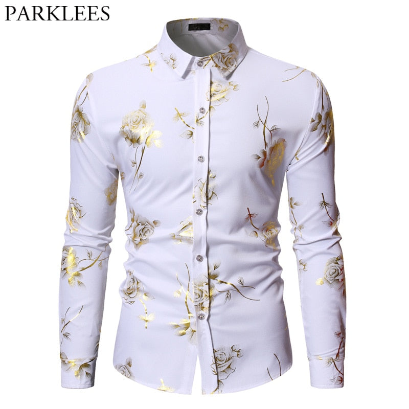 Camisas con estampado floral de rosas doradas para hombre Marca Floral Steampunk Chemise Blanco Manga larga Fiesta de bodas Bronceado Camisa Masculina