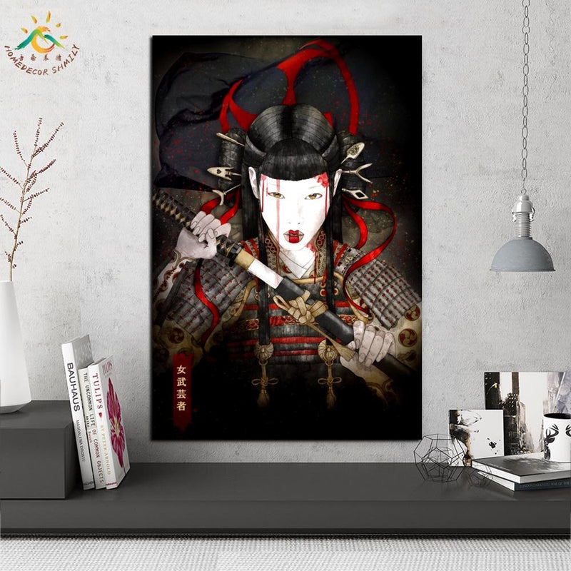 Mujer japonesa Samurai pared arte lienzo enmarcado impresión pintura carteles Vintage e impresiones cuadros de pared para decoración de sala de estar