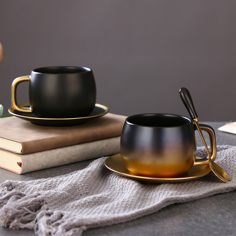 Luxus Schwarz Gold Keramik Kaffeetasse Espresso Kaffee Tee Frühstück Milch Tasse Und Untertasse Set Mit Löffel Und Untertasse Geschenkbox Set