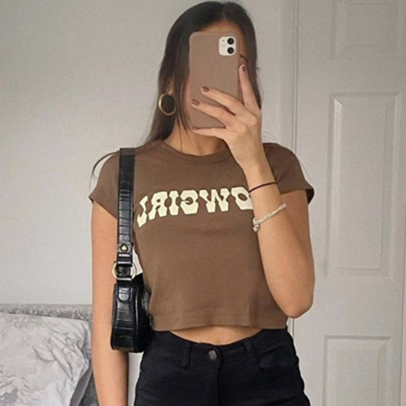 Vintage Letter Print Sexy Crop Tops Women Casual Short Sleeve Cotton Pullover Tees Summer Slim Streetwear T-shirt Woman 2021