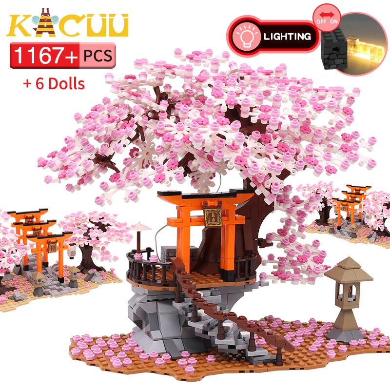 Classic Block City Street View Idea Sakura Inari Shrine Bricks Friends Cherry Blossom House Tree Building Blocks Toys Kids Gift