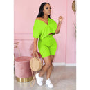 Casual Tracksuit 2 piece set  Crop Top + Pants  Short Sleeve Deep V-neck Summer Cloth For Women Outfits Solid 7 Color