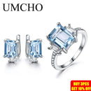 UMCHO 925 Sterling Silber Schmuck Sets für Frauen Edelstein Himmelblau Topas Ring Clip Ohrringe Weibliche Hochzeit Verlobungsschmuck