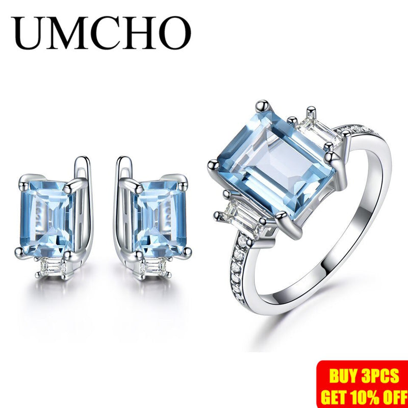 UMCHO 925 Sterling Silver Jewelry Sets for Women Gemstone Sky Blue Topaz Ring Clip Earrings Female Wedding Engagement Jewelry