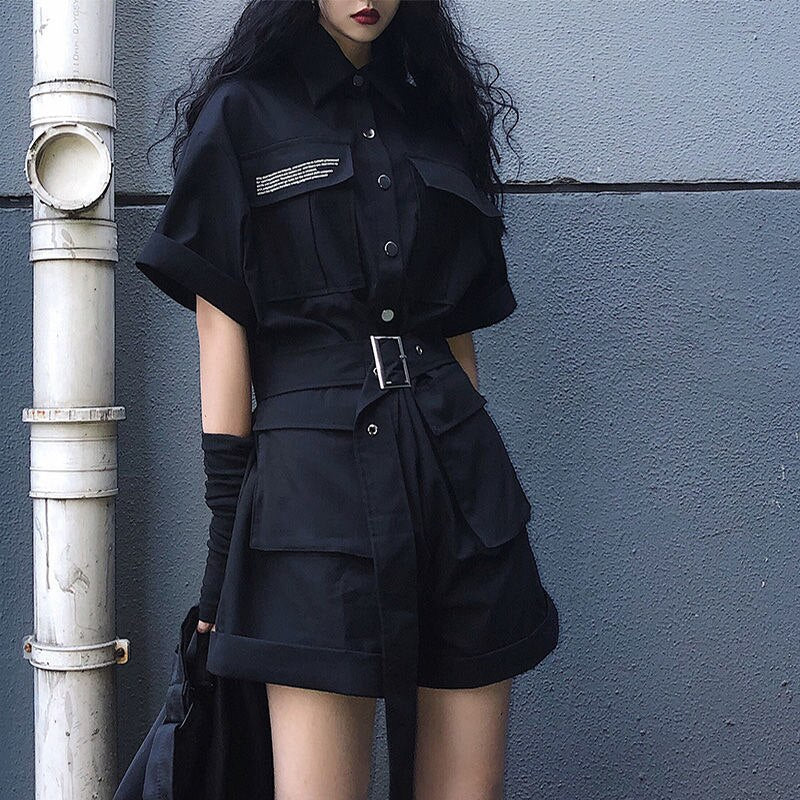 Mono negro para mujer, estilo coreano Harajuku Vintage, pantalones Cargo de cintura alta, Tops de manga corta, ropa de calle, peleles, traje, ropa