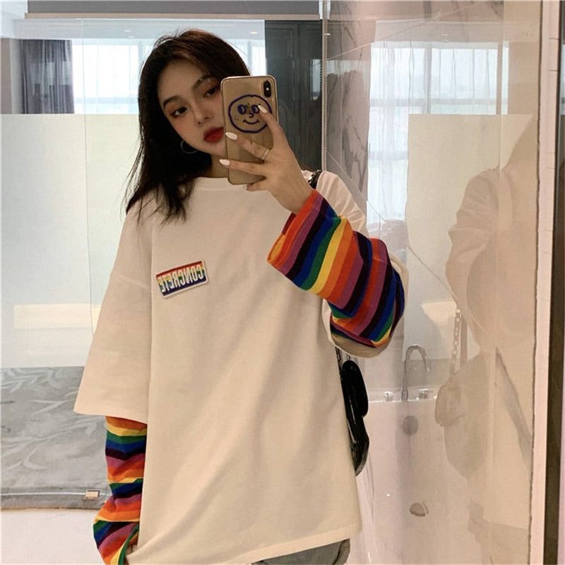 Hirsionsan Rainbow Kawaii T Shirt Women 2020 New Spring Long Sleeve Harajuku Tees Casual Student Tops Stripe Oversized Clothes