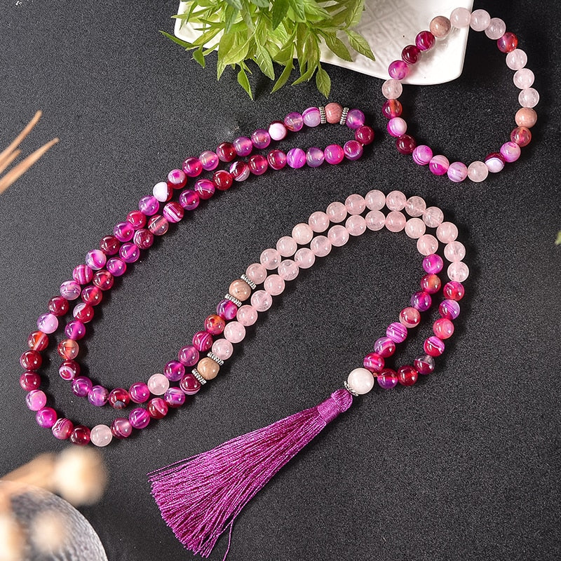 8 mm Rhodochrosit Rosenquarz Achat Perlen 108 Japamala Halskette Meditation Yoga Heilung tibetischen Schmuck Armband Quaste Sets