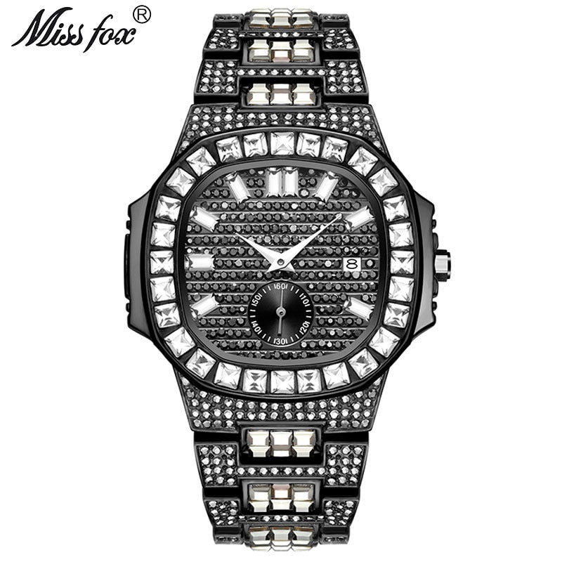 MISSFOX Iced Out Watches Men Top Brand Luxury Watch Men Full Diamond Quartz-watch Bling Bling Hiphop Hot Rapper's Jewelry Watch