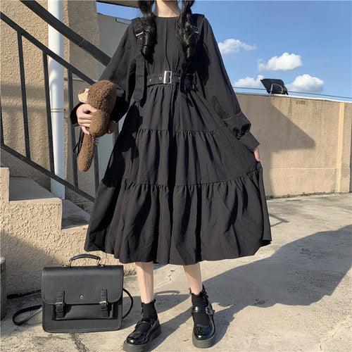 YBYR Japanese Harajuku Women Black Midi Dress Gothic Style Suspenders Bandage Dress Vintage Ruffles Long Baggy Cosplay Costume