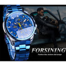 Forsining Herren-Automatikuhr, blaues Stahlband, Kalender, 3 Hilfszifferblätter, Armbanduhr, mechanisch, wasserdicht, männlich, Relogio Masculino