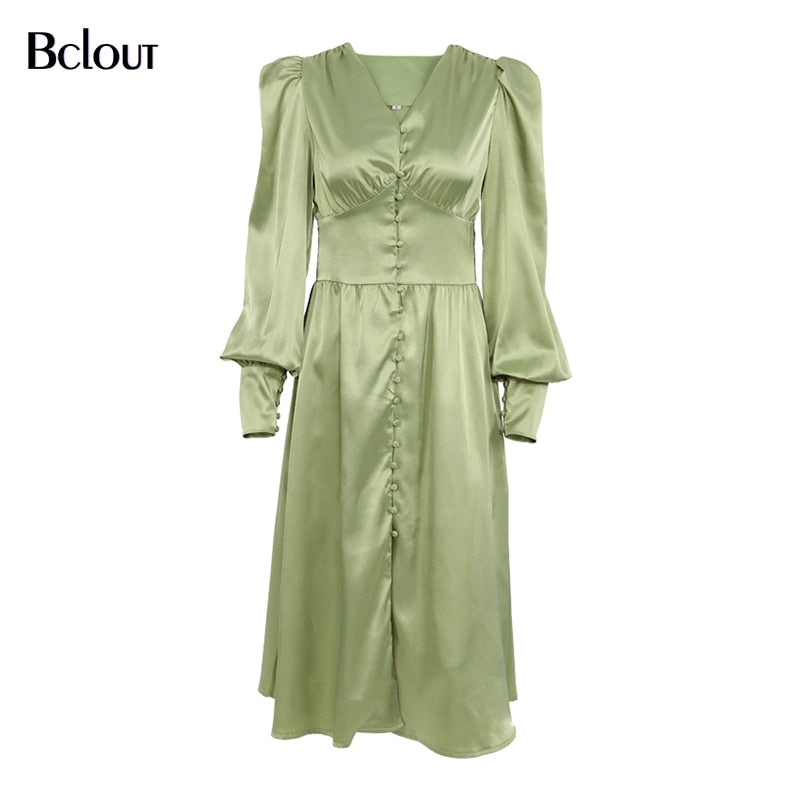 Bclout Elegant Satin Single-Breasted Shirt Dress Fashion Beige Slim V Neck Long Dresses Woman Latern Sleeve Autumn Winter Robe
