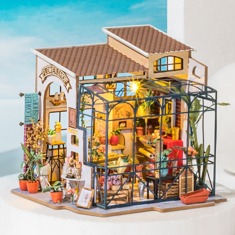 Robotime Rolife DIY, tienda de flores de Emily, casa de muñecas con muebles, casa de muñecas en miniatura para niños y adultos, juegos de madera, juguete DG145