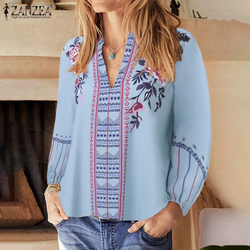 ZANZEA 2022 Mode Gedruckt Tops Frauen Herbst Bluse Bohemian V-Ausschnitt Langarm Shirts Weibliche Beiläufige Lose Blusas Übergroß