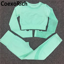 Yoga Set Women Fitness Gym Clothing Sport Suit Seamless Hollow Out Long Sleeve Crop Top High Waist Workout Leggings Sportwear