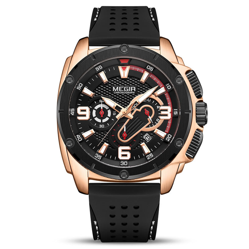 MEGIR Black Sport Watches for Men Clocks Military Army Watch Mens Silicone Chronograph Quartz Wrist Watch Man Reloj Hombre 2020