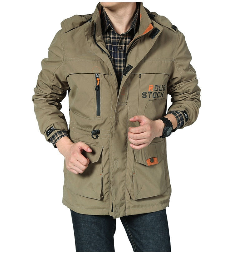 Primavera Hombres Chaquetas tácticas militares Multi-bolsillos Impermeable Casual Cazadora para hombre Abrigo al aire libre con capucha