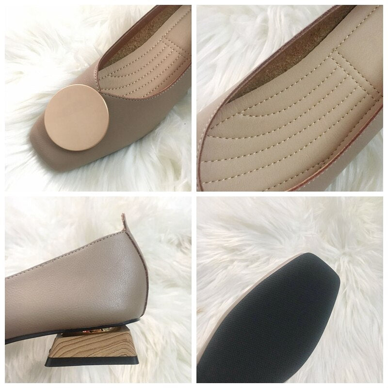 DONLEE QUEEN Women Flats Shoes Low Wooden Heel Ballet Square Toe Shallow Buckle Brand Shoes Slip On Loafer Big Size 35- 41 Mujer