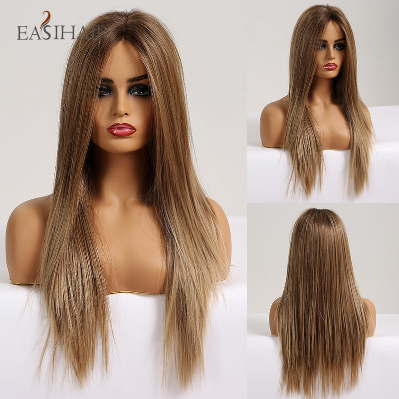 EASIHAIR Long Silky Straight Brown Blonde T Part Lace Wigs with Baby Hair High Density Heat Resistant Synthetic Wigs for Women